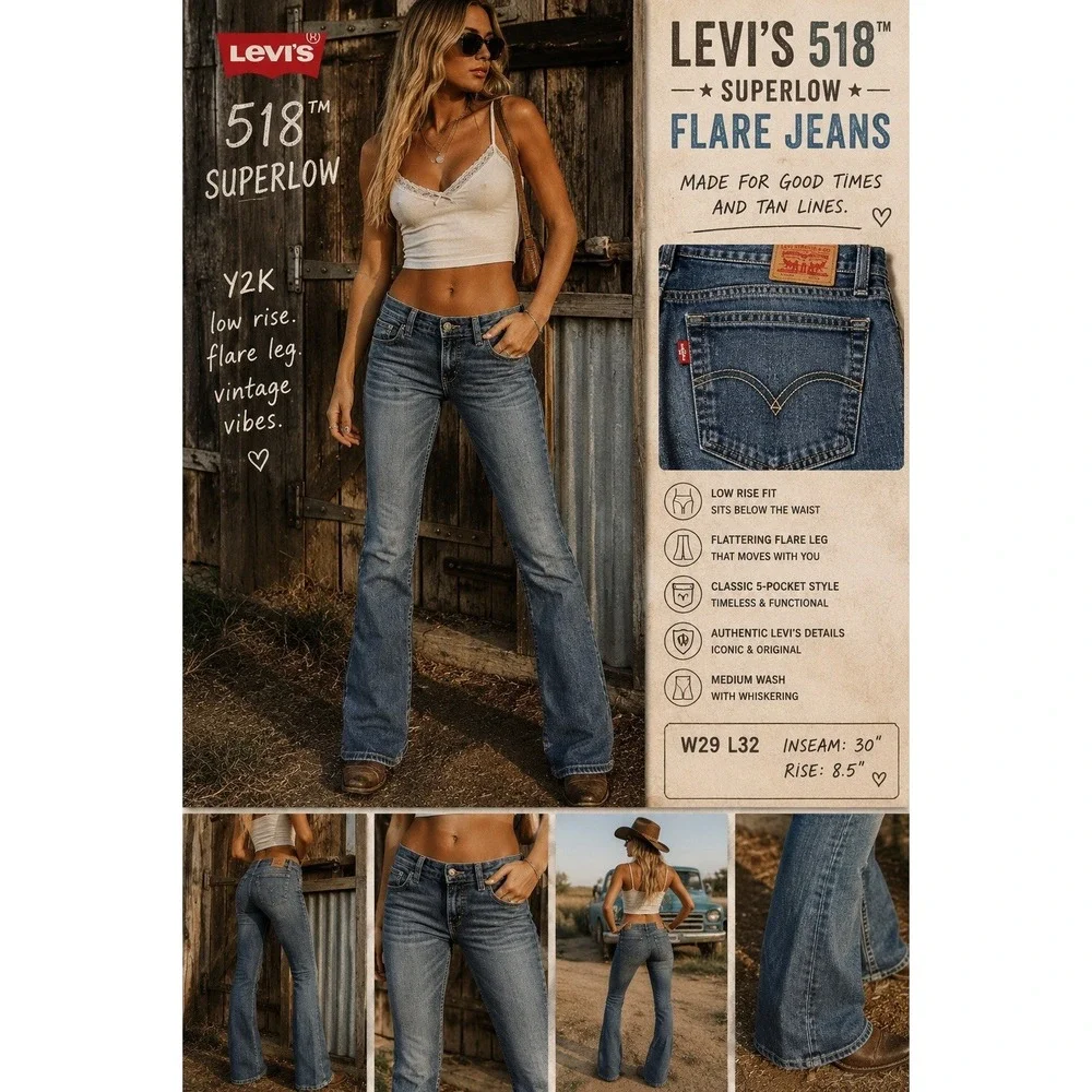 Levis 518 Superlow Flare Jeans Womens W29 L32 Y2K Low Rise Bootcut‎ Western Boho